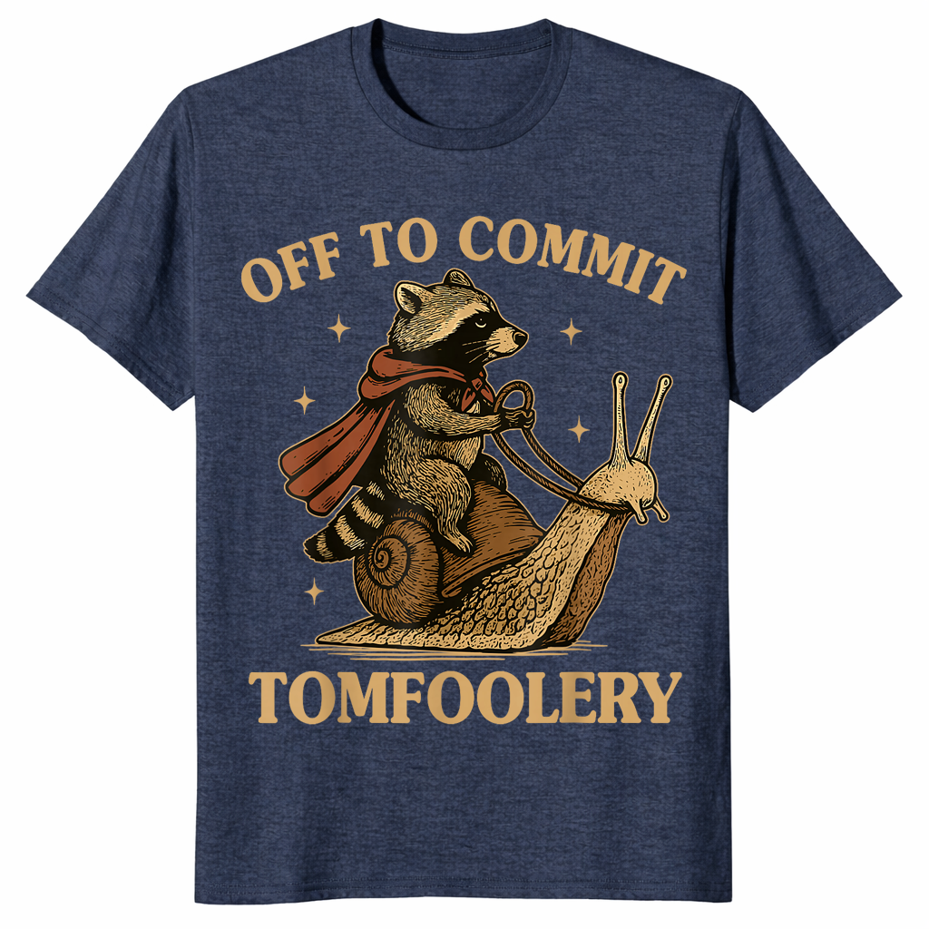 Funny raccoon meme shirt in heather navy with a caped raccoon riding a snail, off to commit tomfoolery