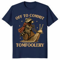 Funny raccoon meme shirt in navy with a caped raccoon riding a snail, off to commit tomfoolery