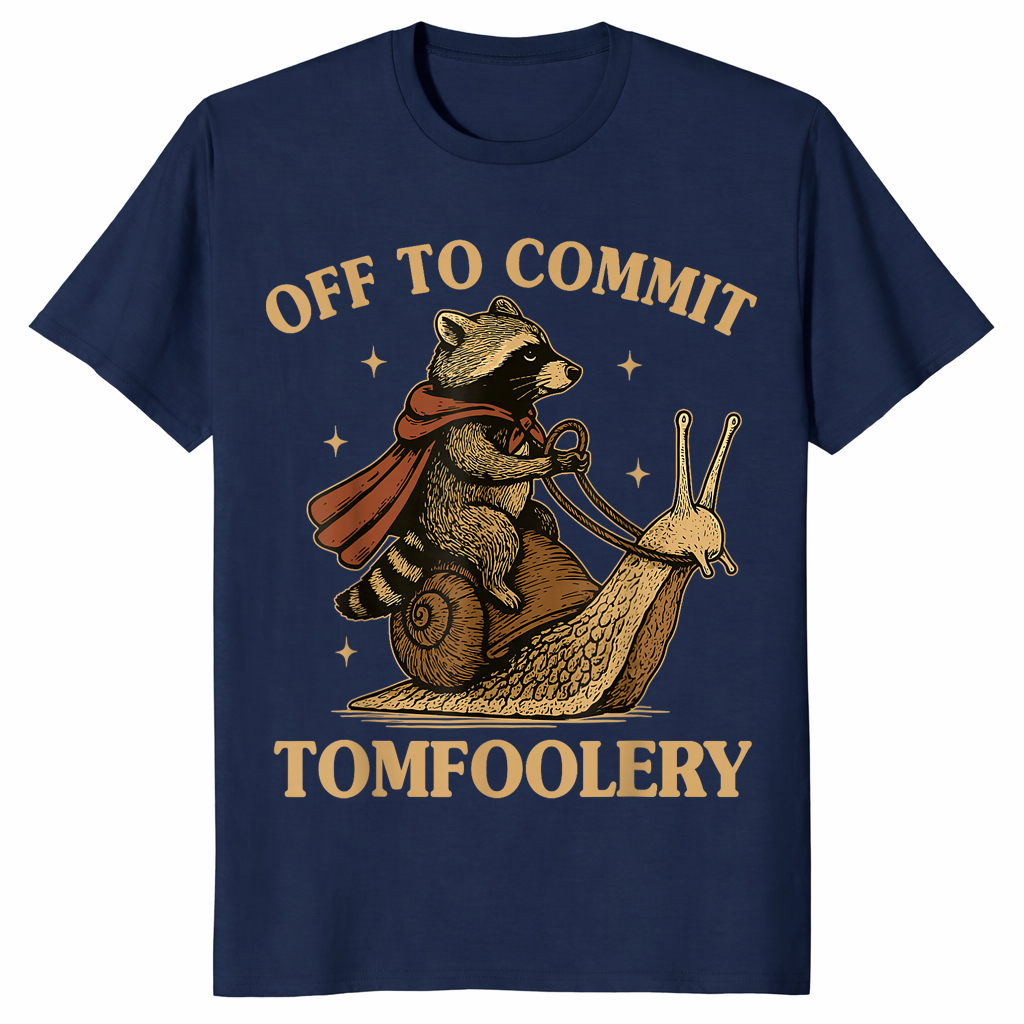 Funny raccoon meme shirt in navy with a caped raccoon riding a snail, off to commit tomfoolery