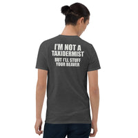 Funny Taxidermist beaver joke t-shirt in dark heather grey back view