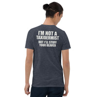Funny Taxidermist beaver joke t-shirt in heather navy back view