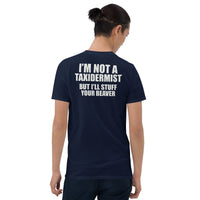 Funny Taxidermist beaver joke t-shirt in navy back view