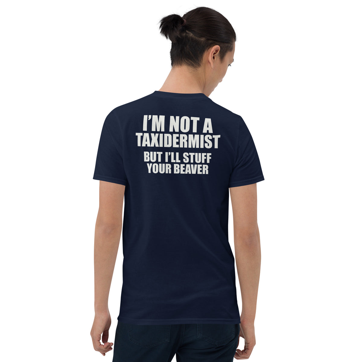 Funny Taxidermist beaver joke t-shirt in navy back view
