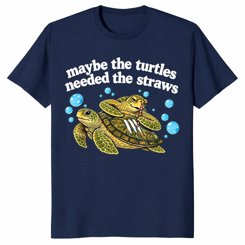 Funny sarcastic turtle straws t-shirt in navy