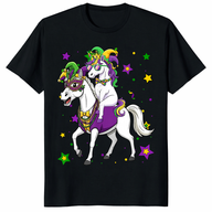 Funny Unicorn Jester Mardi Gras Shirt featuring unicorn riding horse and carnival beads