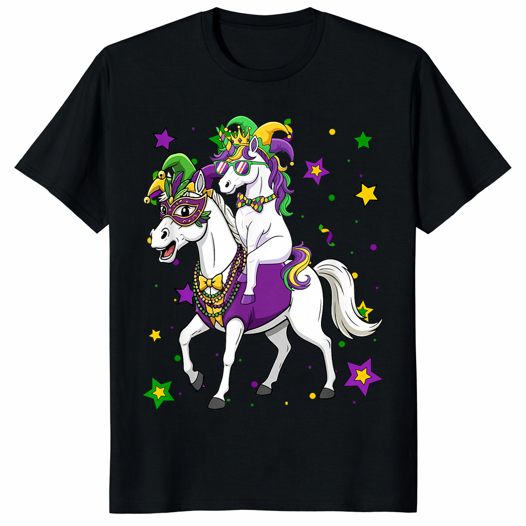 Funny Unicorn Jester Mardi Gras Shirt featuring unicorn riding horse and carnival beads
