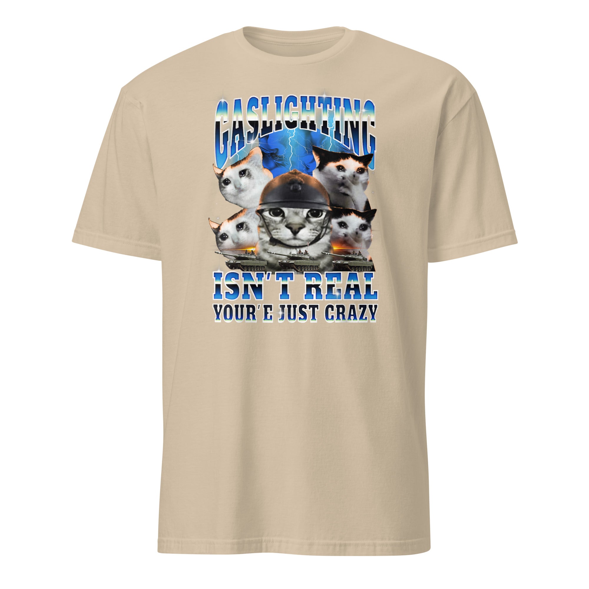 Gaslighting Isn't Real Cat Meme Bootleg Tummy Ache T-Shirt in Sand