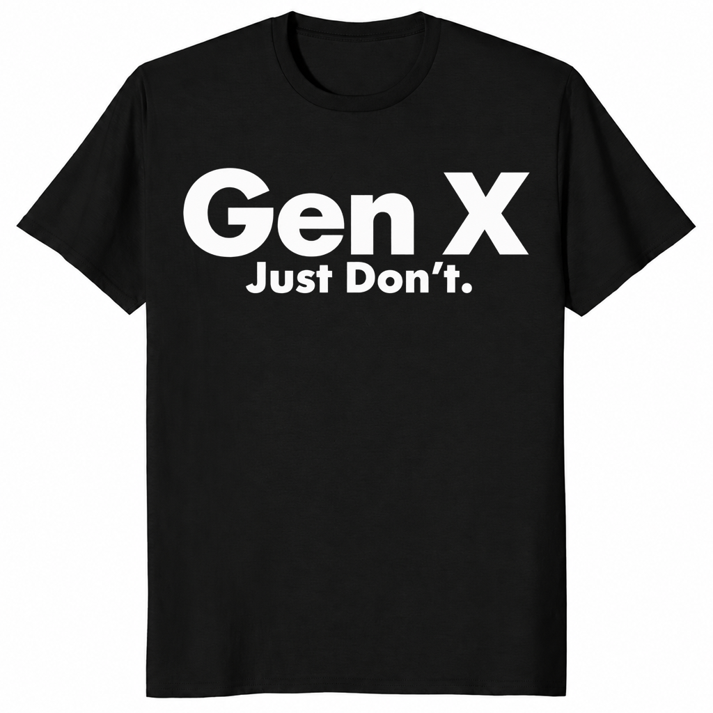 Black Gen X Just Don’t shirt with bold white minimalist slogan