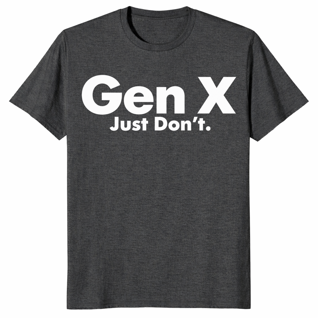Dark heather grey Gen X Just Don’t shirt, flat-lay front view