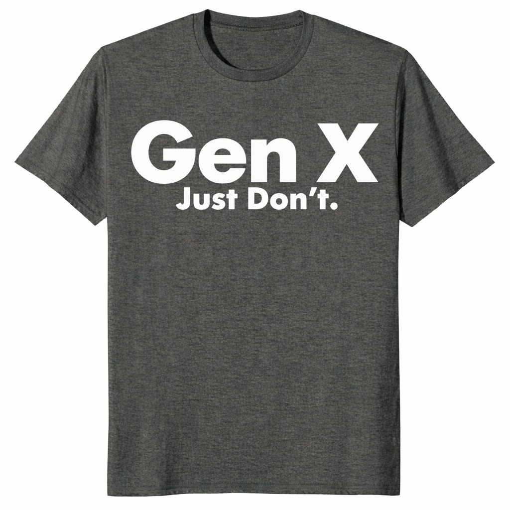 Dark heather sarcastic Gen X t-shirt with white text