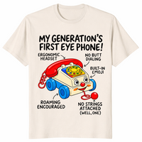 Gen X nostalgia shirt in natural with a retro pull-along toy phone and funny labels