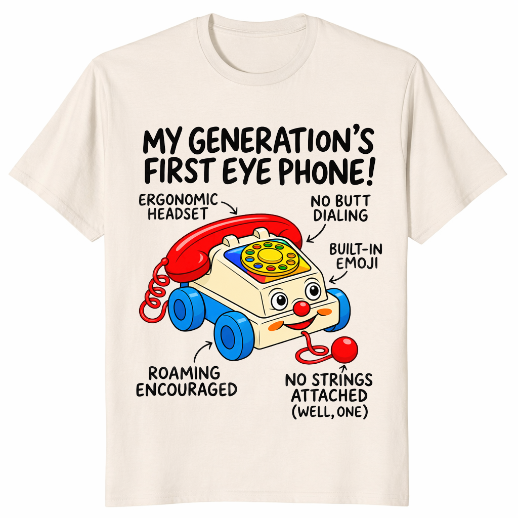 Gen X nostalgia shirt in natural with a retro pull-along toy phone and funny labels