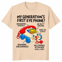 Gen X nostalgia shirt in sand with a retro pull-along toy phone and funny labels