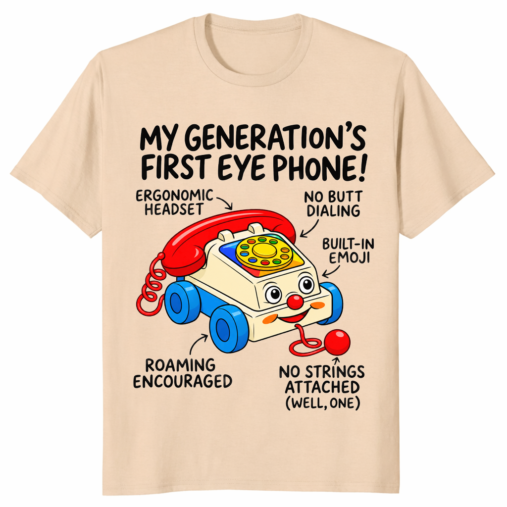 Gen X nostalgia shirt in sand with a retro pull-along toy phone and funny labels