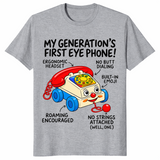 Gen X nostalgia shirt in sport grey with a retro pull-along toy phone and funny labels