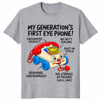 Gen X nostalgia shirt in sport grey with a retro pull-along toy phone and funny labels