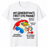 Gen X nostalgia shirt in white with a retro pull-along toy phone and funny labels