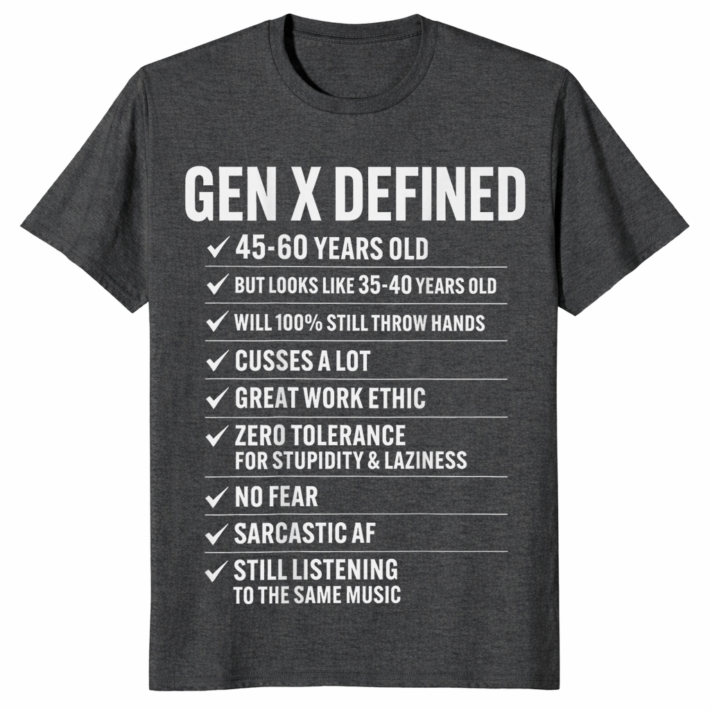 Gen X shirt in dark heather grey, funny retro nostalgia design