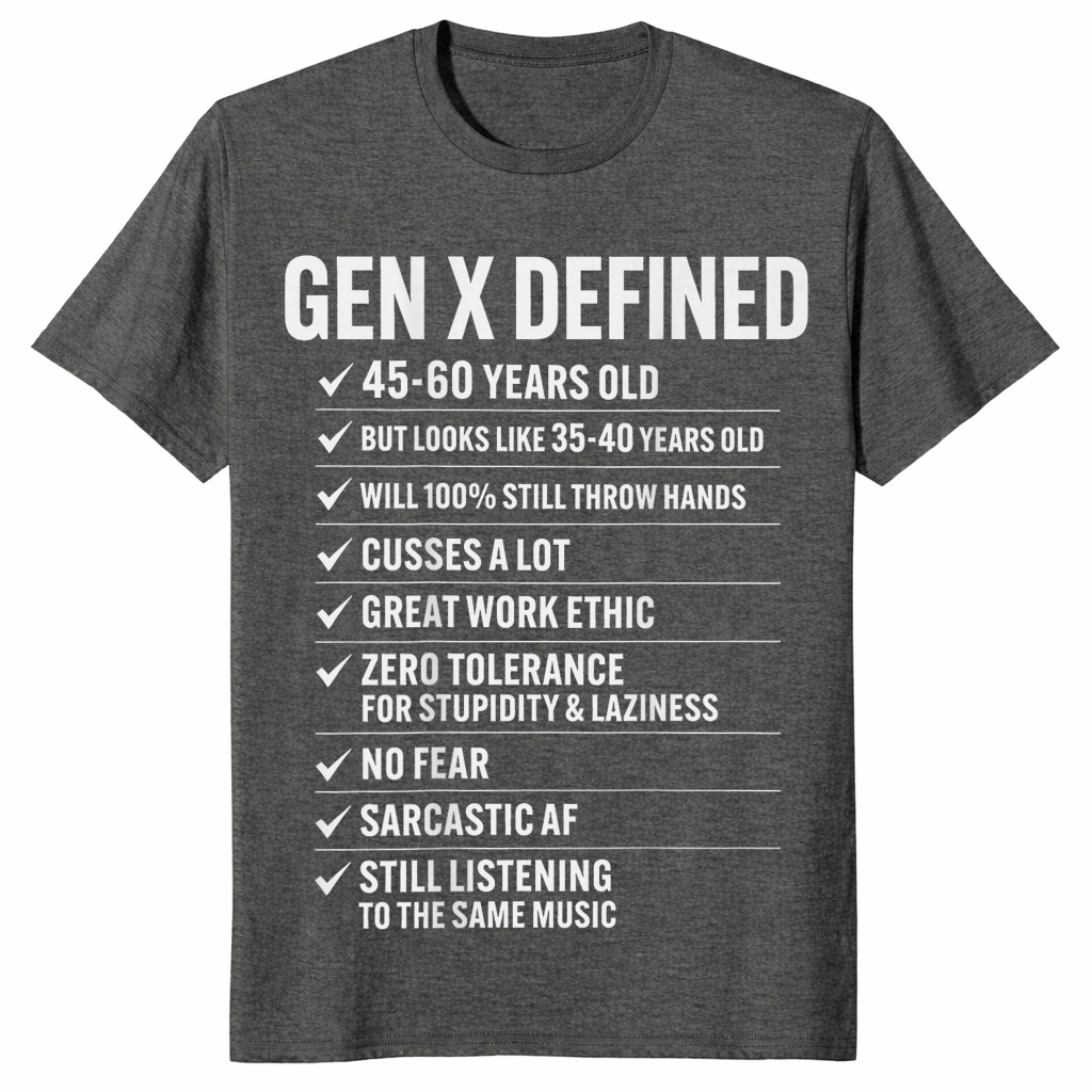 Gen X shirt in dark heather, funny retro nostalgia design