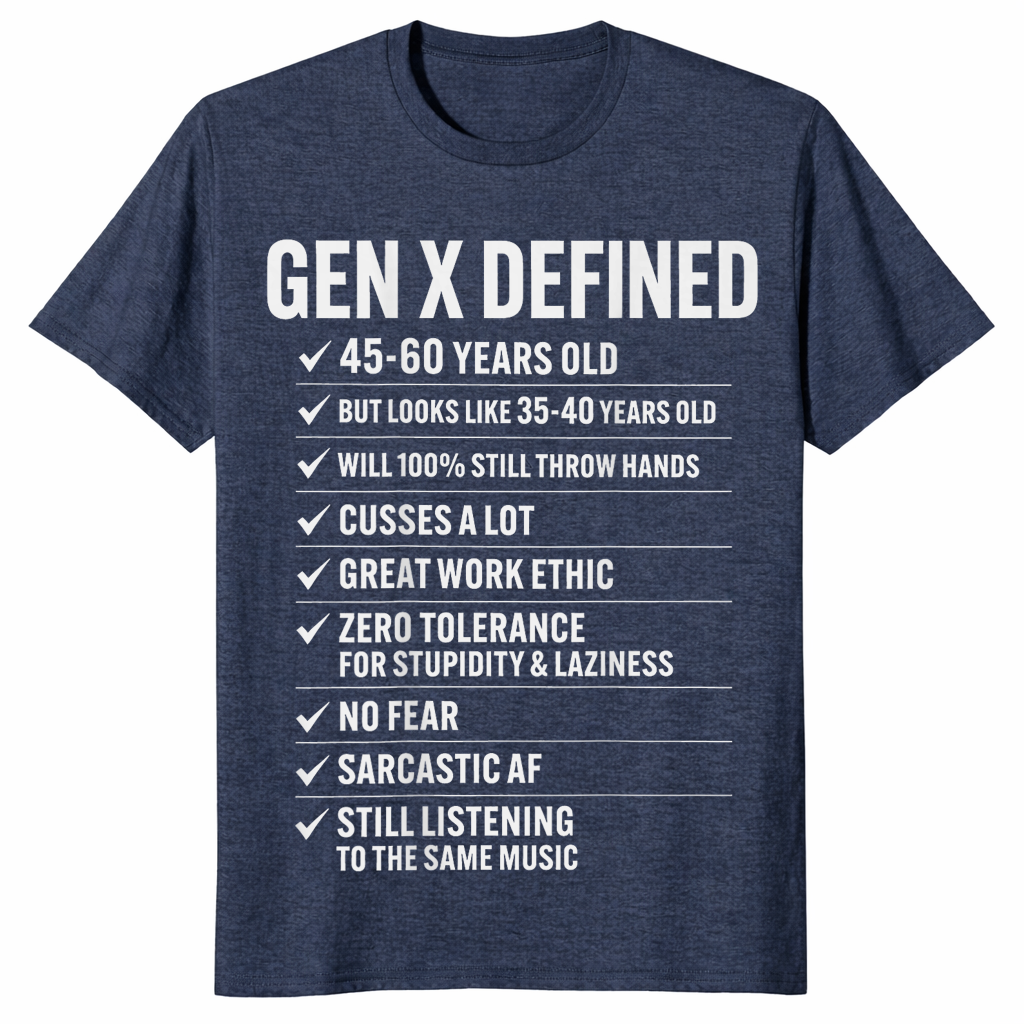 Gen X shirt in heather navy, funny retro nostalgia design