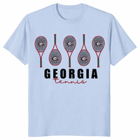 Georgia tennis fan shirt with bold racket artwork on light blue tee