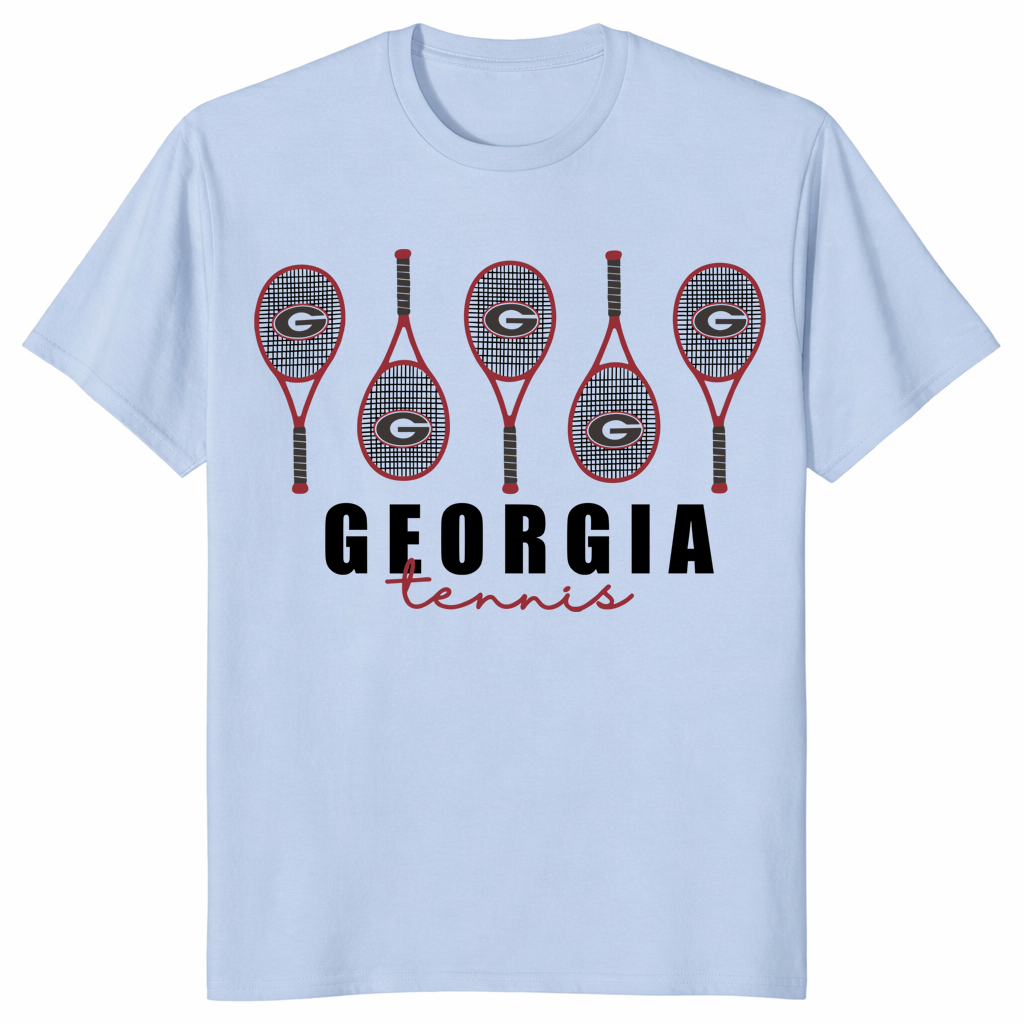 Georgia tennis fan shirt with bold racket artwork on light blue tee