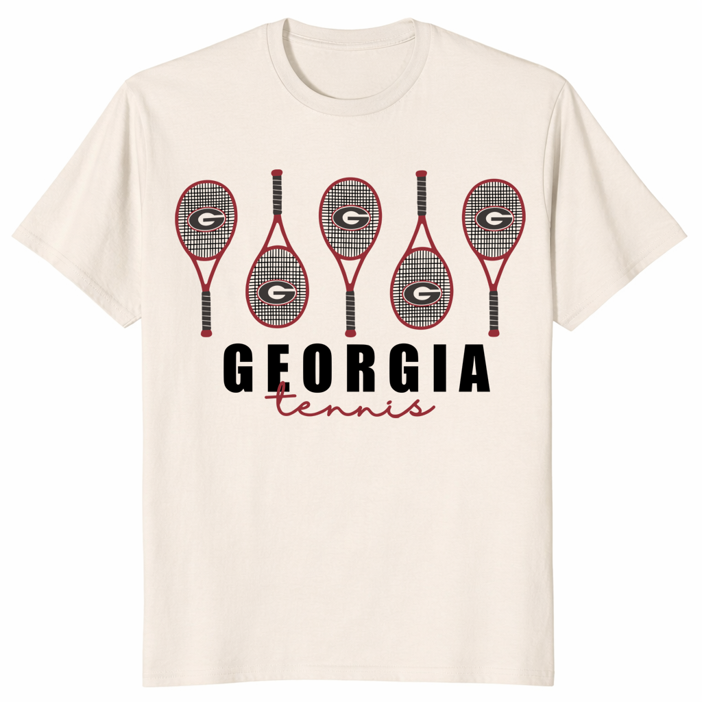 Georgia Tennis graphic tee with racket design on natural shirt