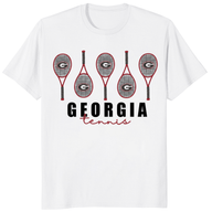 Georgia Tennis T Shirt with racket graphic on white shirt