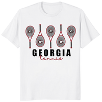 Georgia Tennis T Shirt with racket graphic on white shirt