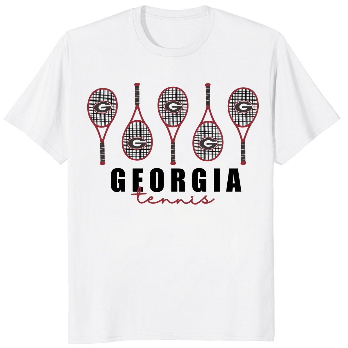 Georgia Tennis T Shirt with racket graphic on white shirt