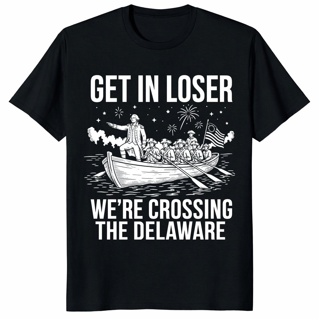 Get In Loser We're Crossing The Delaware George Washington t shirt with funny patriotic boat design
