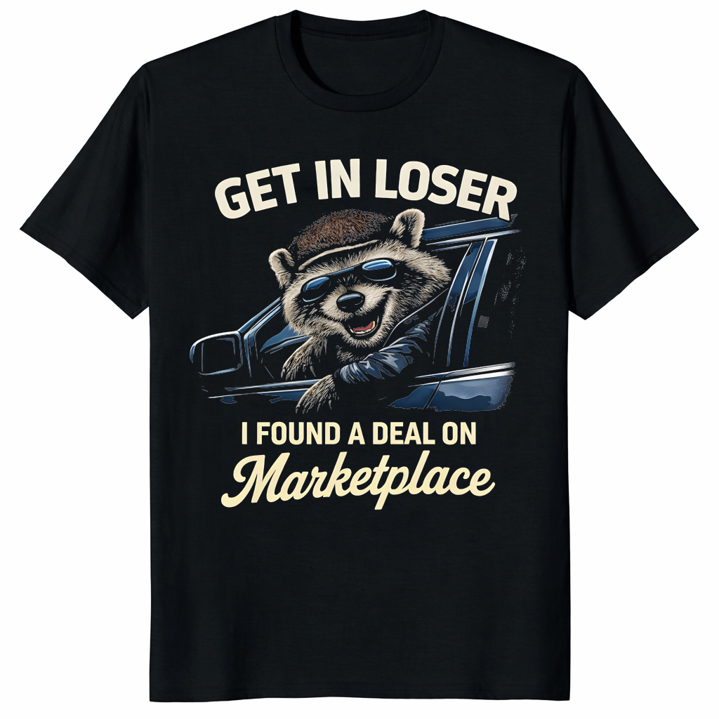 Get In Loser Marketplace Shirt featuring funny raccoon design by Cuccico