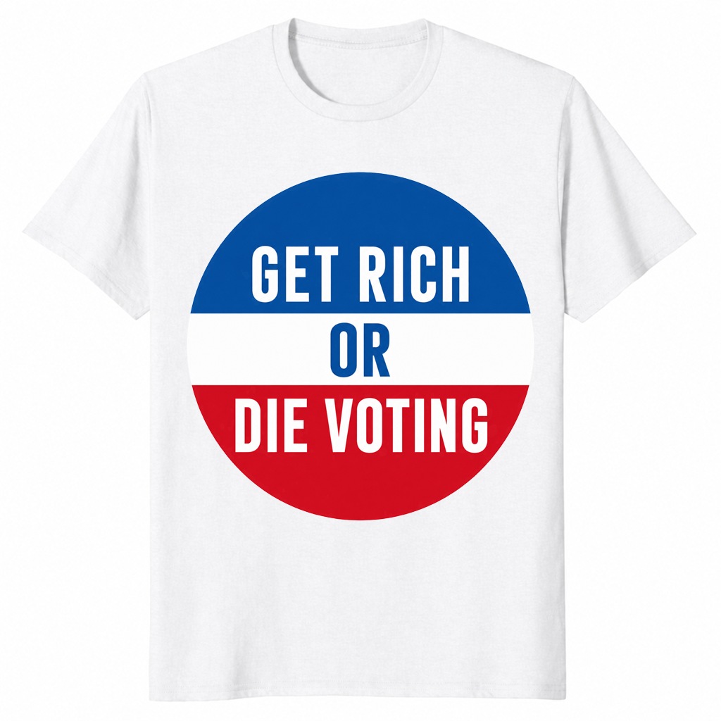 White Get Rich Or Die Voting shirt with a red, white and blue campaign button design