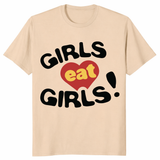 Girls Eat Girls T Shirt yellow front view with bold retro LGBTQ slogan design