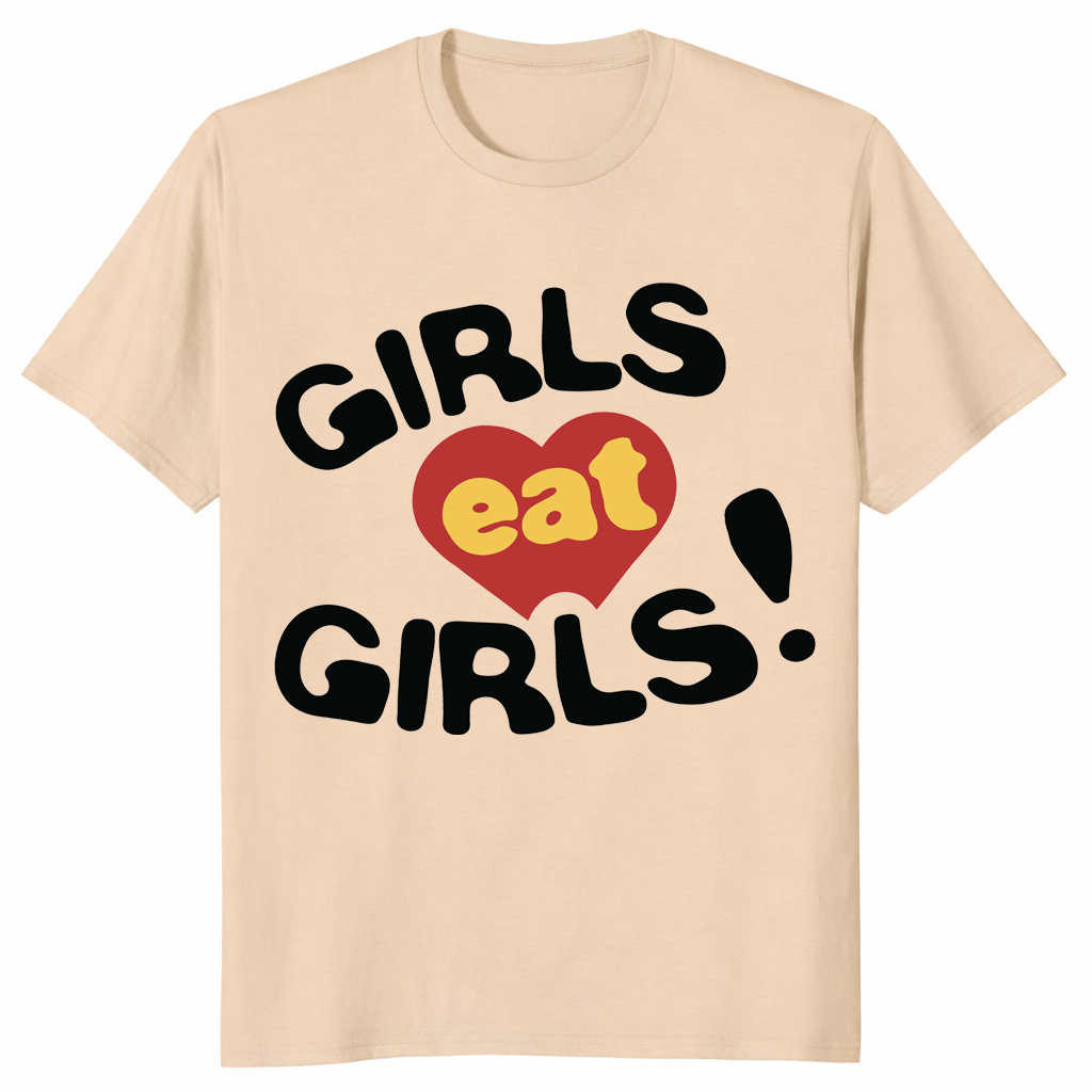 Girls Eat Girls T Shirt yellow front view with bold retro LGBTQ slogan design