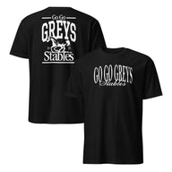 Go Go Greys Stables 2025 T Shirt in black with horse racing graphic
