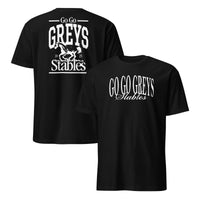 Go Go Greys Stables 2025 T Shirt in black with horse racing graphic