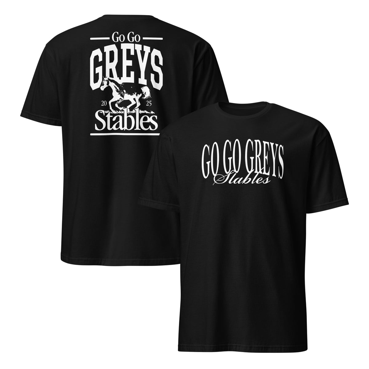 Go Go Greys Stables 2025 T Shirt in black with horse racing graphic