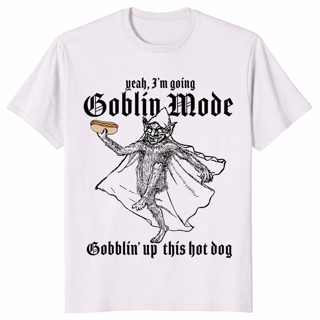 Goblin mode meme tee in ice grey featuring gobblin up this hot dog artwork