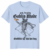 Funny hot dog shirt in light blue with goblin mode graphic and meme text