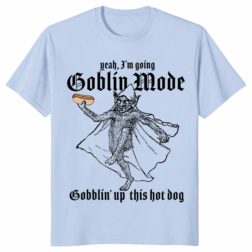 Funny hot dog shirt in light blue with goblin mode graphic and meme text
