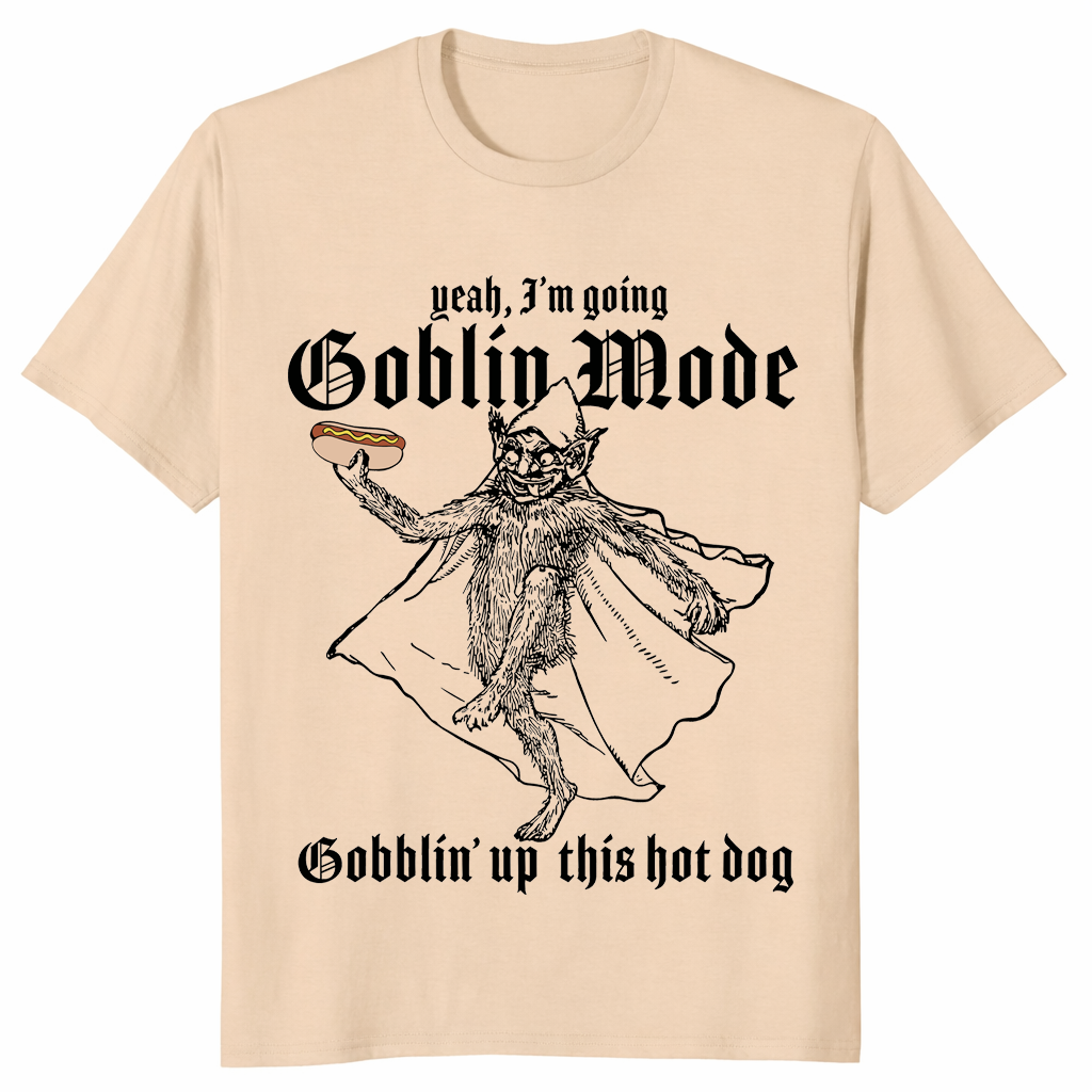 Funny goblin mode hot dog shirt in sand with gobblin up this hot dog graphic