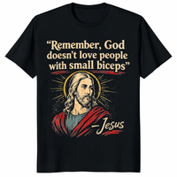 Funny bodybuilding t-shirt featuring the sarcastic quote "God Doesn’t Love People With Small Biceps" in bold text for gym enthusiasts.
