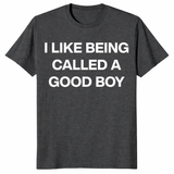 Close-up of funny good boy shirt text design in bold white lettering