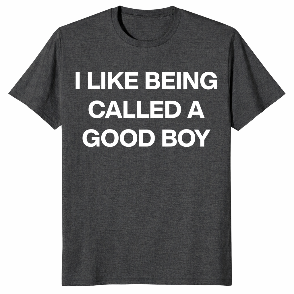 Close-up of funny good boy shirt text design in bold white lettering