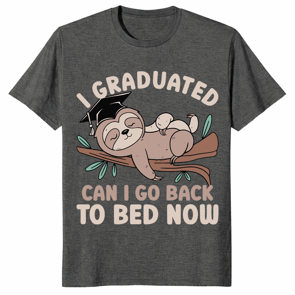 Dark heather graduation sloth shirt close-up graphic detail