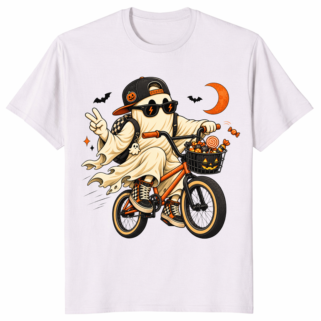 Ice grey ghost riding bike Halloween t-shirt with candy basket