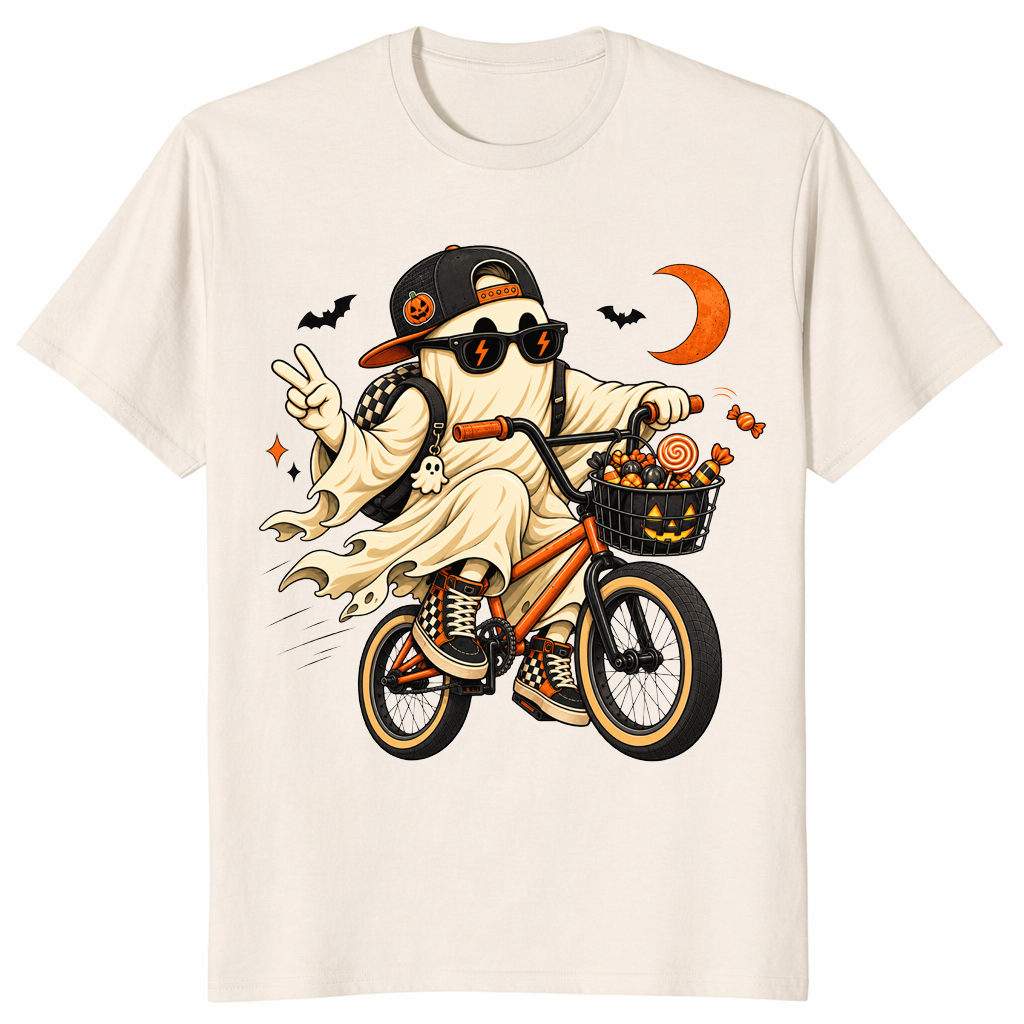 Natural Halloween ghost bicycle shirt, flat-lay front view