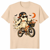 Sand retro Halloween tee with ghost riding a bike under a crescent moon