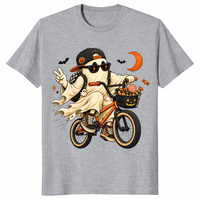 Sport grey spooky season shirt with cartoon ghost cyclist and bats